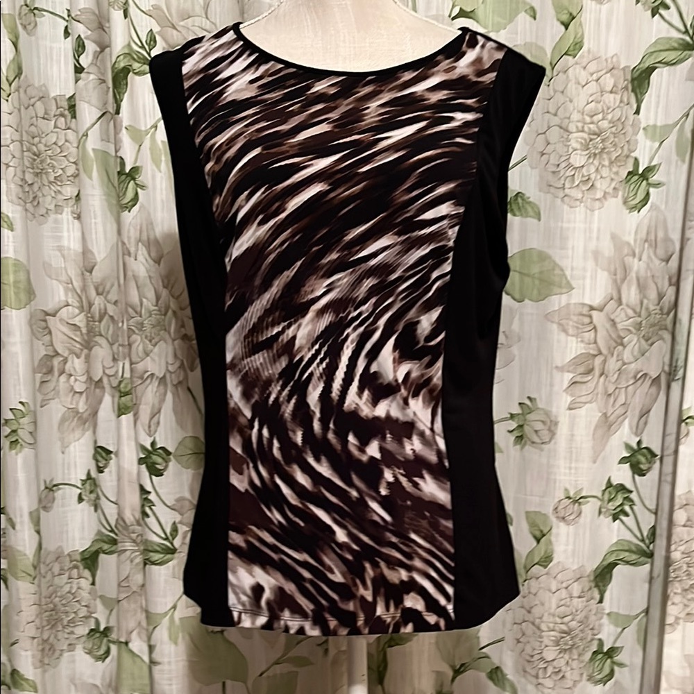 🏖️ Calvin Klein Black and Brown Sleeveless Fitted Graphic Tank Top, Size L
